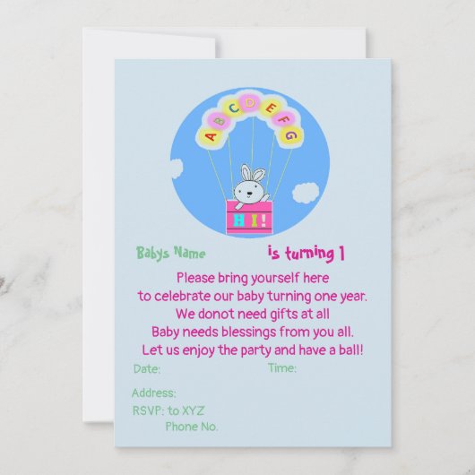 Aangepaste Babys 1e verjaardag uitnodiging (Voorkant)