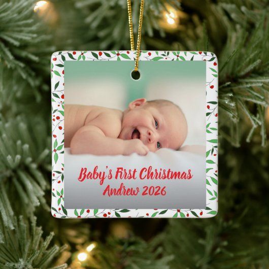 Aangepaste baby's eerste kerst foto naam keramisch ornament (Boom)