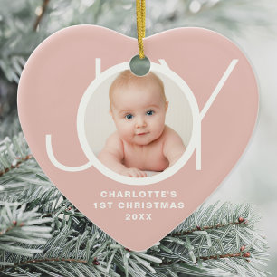 Aangepaste Baby's Eerste Kerst Foto Roze Keramisch Ornament