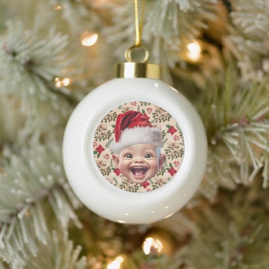 Aangepaste Baby's Santa Hat Eerste Kerstfoto Keramische Bal Ornament (Boom)