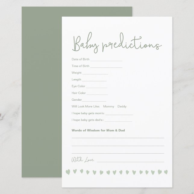 Aangepaste babyvoorspellingen baby shower spel neu (Voorkant / Achterkant)