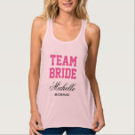 Aangepaste bachelorette tank tops voor team bruid<br><div class="desc">Gepersonaliseerde bachelorette flowy racerback tank tops voor team bruid. TeamBride tanktops voor bruiden entourage. Schattige neonroze en zwart typografisch ontwerp voor Bride to Be en Bride's Crew. Maak je eigen coole kleding voor bruiloft, vrijgezellenfeest, vrijgezellenfeest, meisjesavond uit, meisjesweekend, damesavond, hen doen, enz. Grappige kleding voor vrouwen en meisjes die trouwen....</div>