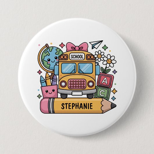 Aangepaste Back-to-School Bus - Personaliseer Ronde Button 7,6 Cm (Voorkant)