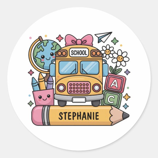 Aangepaste Back-to-School Bus - Personaliseer Ronde Sticker (Voorkant)
