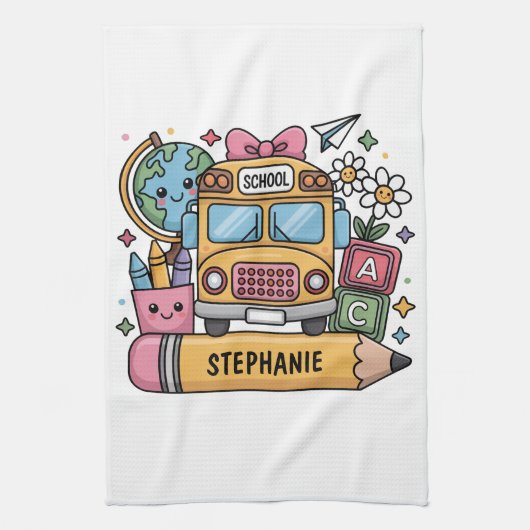 Aangepaste Back-to-School Bus - Personaliseer Theedoek (Verticaal)