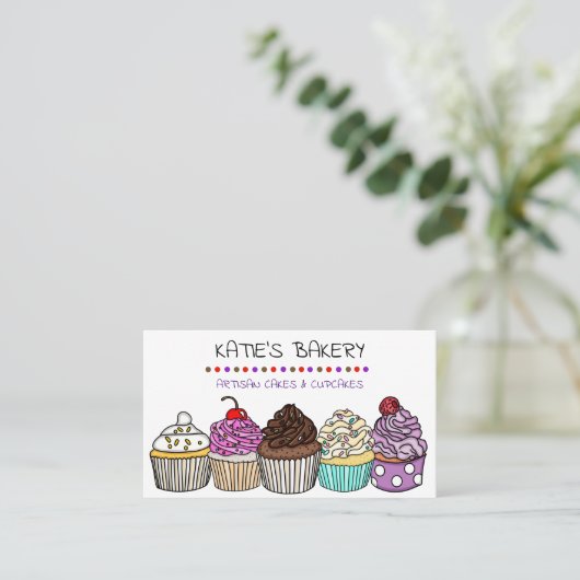 Aangepaste bakkerij | Cute Whimsical Cupcakes Visitekaartje (Staand voorkant)