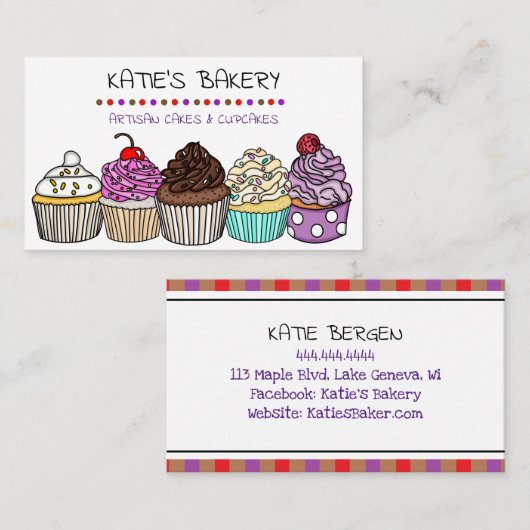 Aangepaste bakkerij | Cute Whimsical Cupcakes Visitekaartje (Voorkant / Achterkant)
