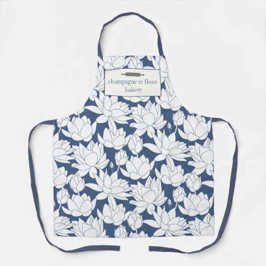 Aangepaste Bakkerij Naam Blauwe Lotus Print Chef-k Schort (Voorkant)