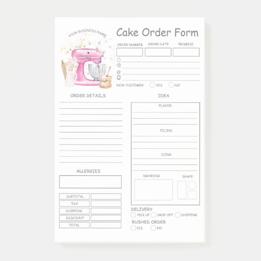 Aangepaste bakkerijbestellingsformulieren na de in post-it® notes (Voorkant)