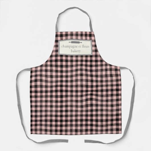 Aangepaste bakkernaam Roze + Zwart geplakt chequep Schort (Voorkant)