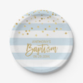Aangepaste Baptisme BOY Blue Gold Stripes Papieren Bordje (Voorkant)