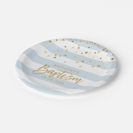 Aangepaste Baptisme BOY Blue Gold Stripes Papieren Bordje (Gekanteld)