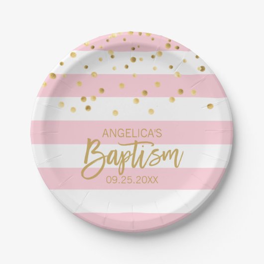 Aangepaste Baptisme GIRL roze Gold Stripes Papieren Bordje (Voorkant)
