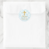 Aangepaste baptisme in blauw, witte Damask en Gold Ronde Sticker (Tas)