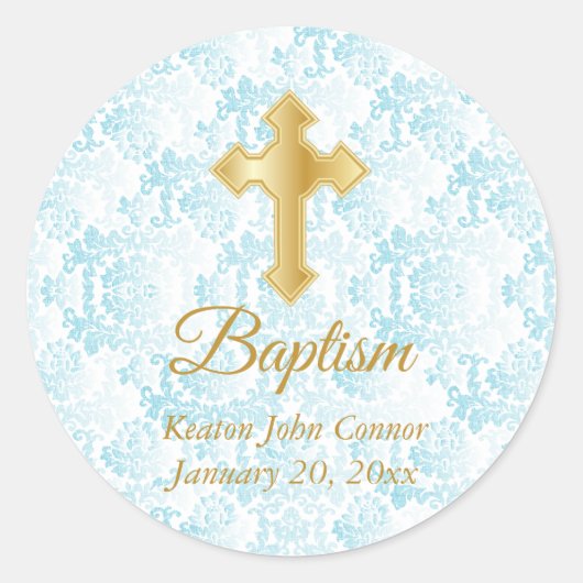 Aangepaste baptisme in blauw, witte Damask en Gold Ronde Sticker (Voorkant)