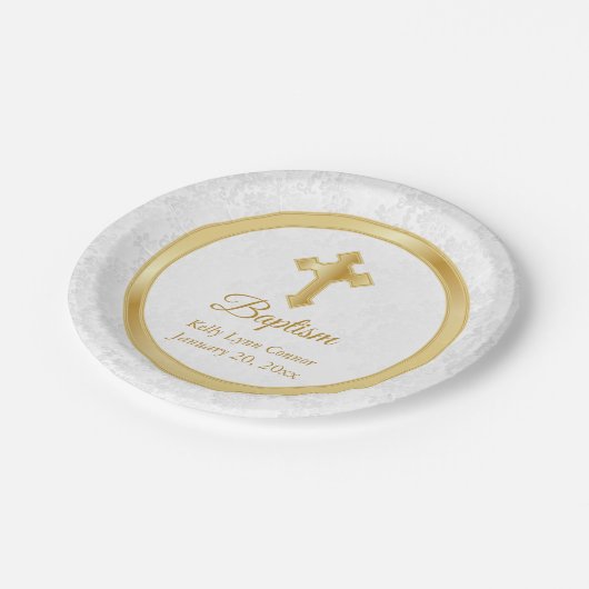 Aangepaste Baptisme in White Damask en Gold Papieren Bordje (Gekanteld)