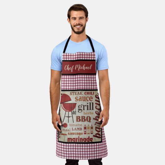 Aangepaste Barbecue Chef Red Gingham Check Schort (Gedragen)