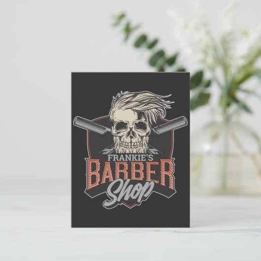 Aangepaste Barber Shop Hipster Skull en Razors Feestdagenkaart (Staand voorkant)