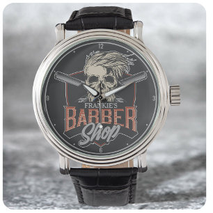 Aangepaste Barber Shop Hipster Skull en Razors Horloge