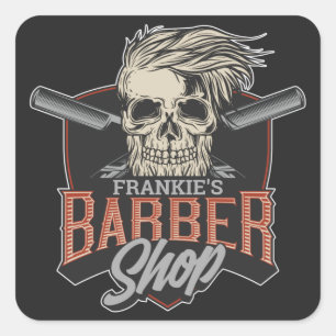 Aangepaste Barber Shop Hipster Skull en Razors Vierkante Sticker