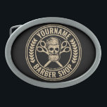 Aangepaste Barber Shop Skull Rockabilly Salon Gesp<br><div class="desc">Speciaal op Barber Shop Rockabilly Skull en Scissors,  voorzien van bebaard hipster skeleton haarsalon design. Pas aan met jouw naam of de Tekst van de Douane.</div>