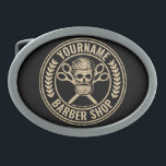 Aangepaste Barber Shop Skull Rockabilly Salon Gesp<br><div class="desc">Speciaal op Barber Shop Rockabilly Skull en Scissors,  voorzien van bebaard hipster skeleton haarsalon design. Pas aan met jouw naam of de Tekst van de Douane.</div>