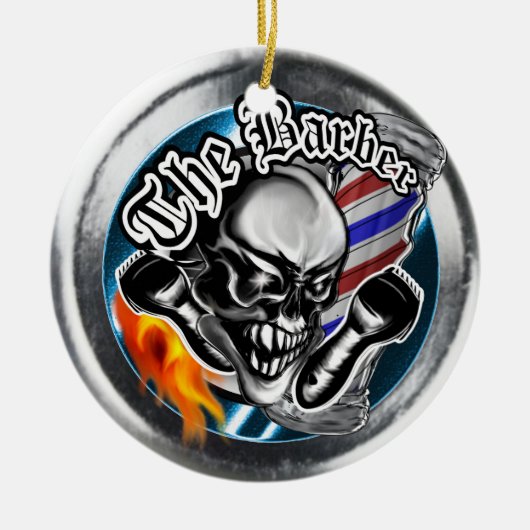 Aangepaste Barber Skull met Flaming Razor Keramisch Ornament (Voorkant)