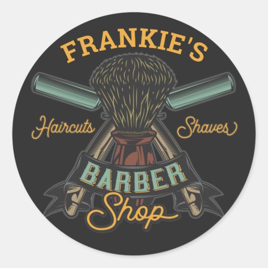 Aangepaste Barber Winkel Retro Haircuts Shaves Ronde Sticker (Voorkant)