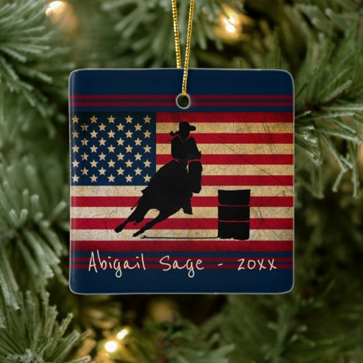Aangepaste Barrel Racing American Flag Horse Keramisch Ornament (Boom)