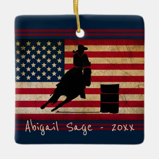 Aangepaste Barrel Racing American Flag Horse Keramisch Ornament (Voorkant)