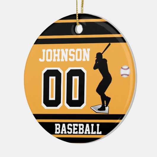 Aangepaste Baseball Batter | Goud en zwart Keramisch Ornament (Links)