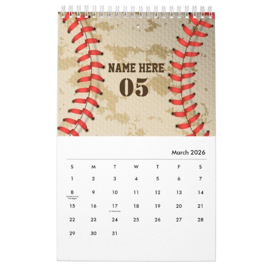 Aangepaste Baseball Name Number Retro Kalender (Mar 2026)