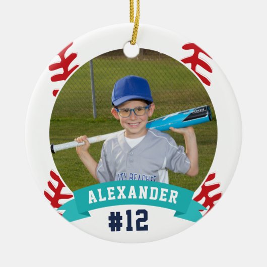 Aangepaste Baseball Photo & Player Stats Keramisch Ornament (Voorkant)