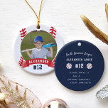 Aangepaste Baseball Photo & Player Stats Keramisch Ornament<br><div class="desc">Met dit coole aangepaste ornament gedenken we een geweldige seizoen voor je favoriete honkbalspeler. Pas het front aan met de foto, naam en het nummer van de speler op een baseball-illustratie-achtergrond. Dan voeg meer details aan de rug toe, met inbegrip van de team of liga naam, seizoen, leeftijd, positie, en...</div>