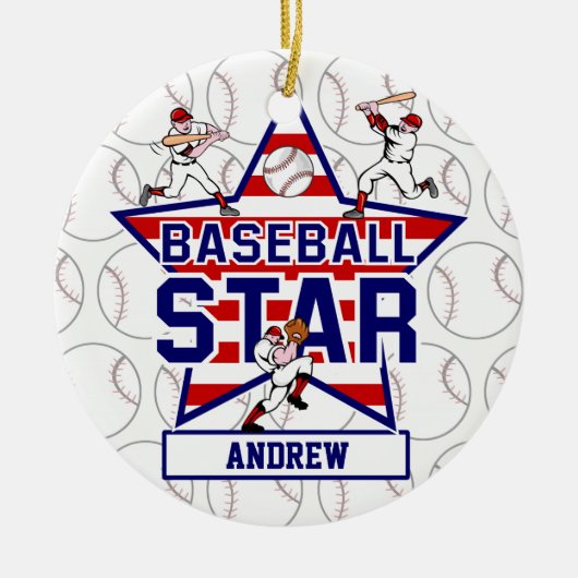Aangepaste Baseball Star en strepen Keramisch Ornament (Voorkant)