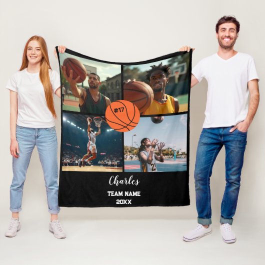 Aangepaste Basketbal Fotocollage met Naam & Jaar Fleece Deken (In situ)