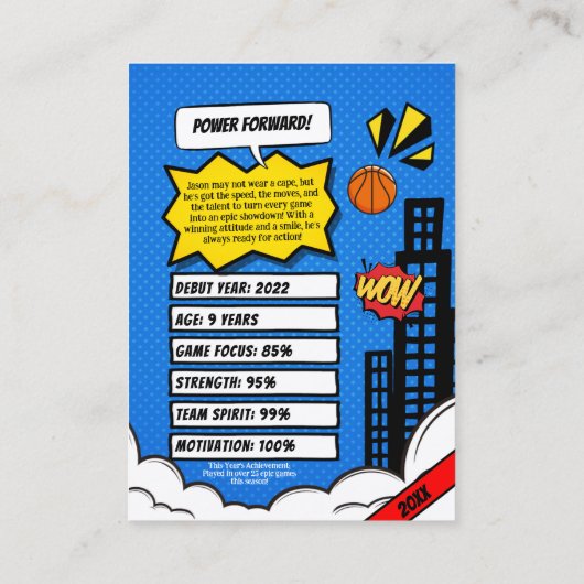 Aangepaste Basketbal Trading Kaart, Comic Baller K Contactkaartje (Achterkant)