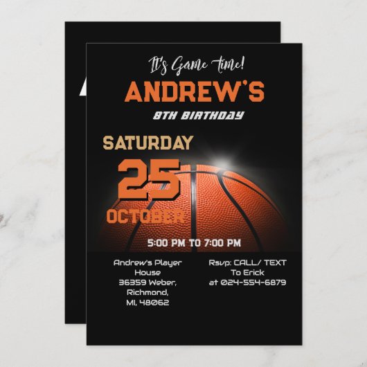 Aangepaste basketbal verjaardagsuitnodiging Sjablo Kaart (Voorkant / Achterkant)
