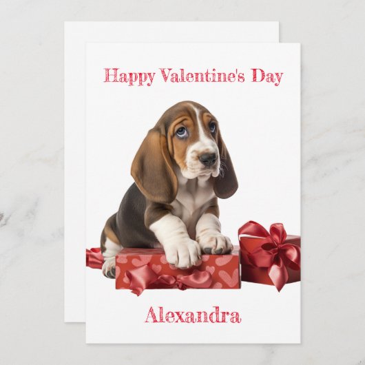 Aangepaste Basset Hound Bow Gift Box Valentijn Feestdagenkaart (Voorkant / Achterkant)