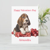 Aangepaste Basset Hound Bow Gift Box Valentijn Feestdagenkaart (Staand voorkant)