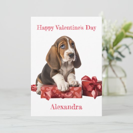 Aangepaste Basset Hound Bow Gift Box Valentijn Feestdagenkaart (Staand voorkant)