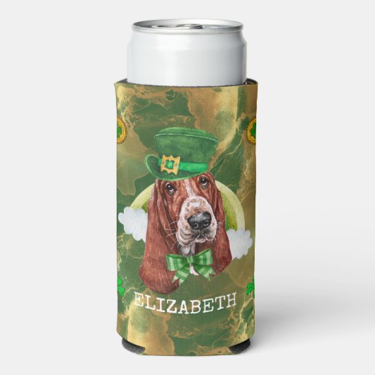 Aangepaste Basset Hound Gold St. Patricks Seltzer Blikjeskoeler (Seltzer Achterkant)