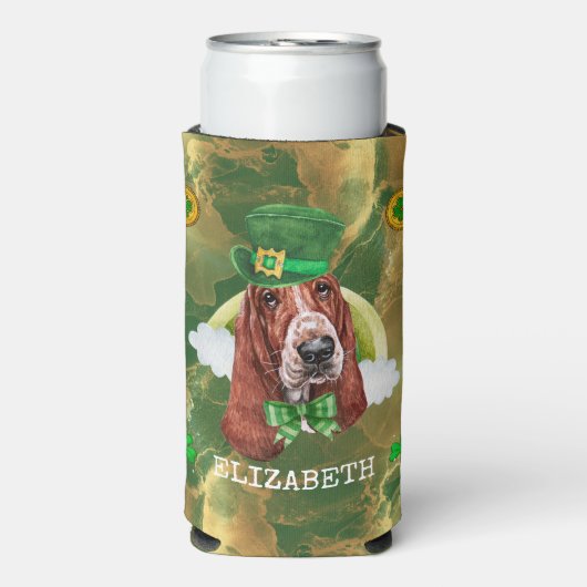 Aangepaste Basset Hound Gold St. Patricks Seltzer Blikjeskoeler (Seltzer Voorkant)