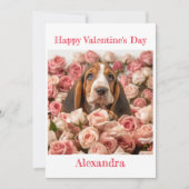 Aangepaste Basset Hound in Rozen Valentijn Feestdagenkaart (Voorkant)