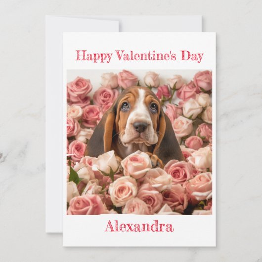 Aangepaste Basset Hound in Rozen Valentijn Feestdagenkaart (Voorkant)