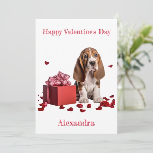 Aangepaste Basset Hound Red Gift Box Valentijn Feestdagenkaart (Staand voorkant)