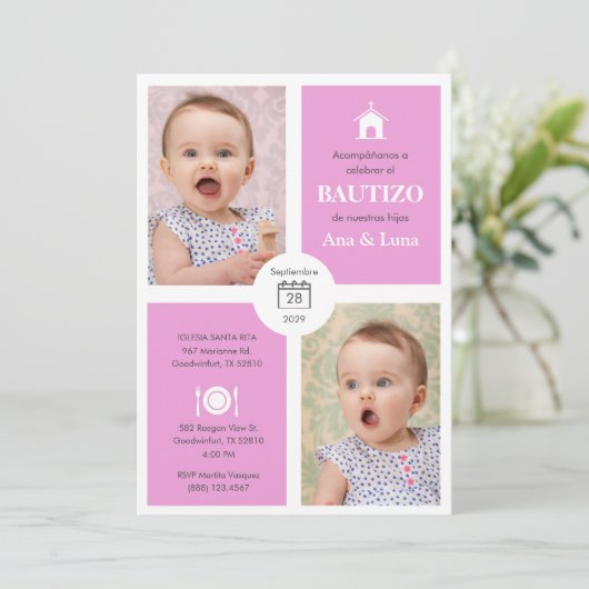 Aangepaste Bautizo Uitnodiging Tweeling Meisjes Sc (Staand voorkant)