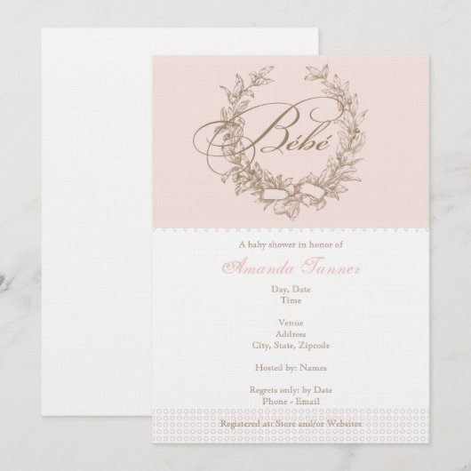 Aangepaste bbe - Roze Franse uitnodiging tot Baby  (Voorkant / Achterkant)