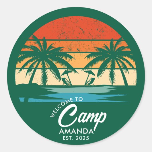 Aangepaste Beach Camp Bachelorette Party Maatwerk Ronde Sticker (Voorkant)