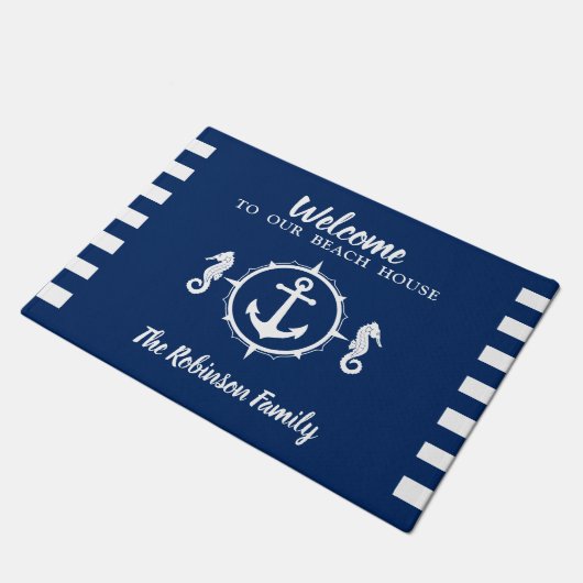 Aangepaste Beach House familienaam Seahorse Anker Deurmat (Schuin)
